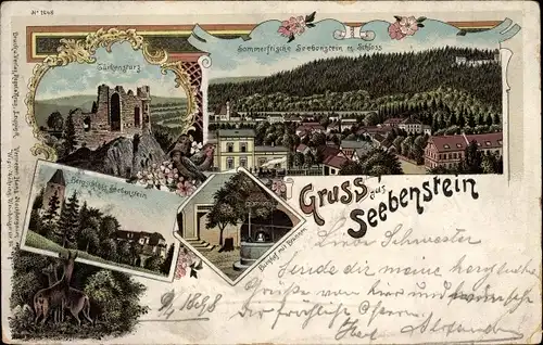 Litho Seebenstein in Niederösterreich, Türkensturz, Panorama mit Bergschloss, Burghof, Brunnen