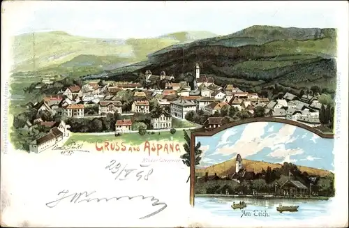 Künstler Litho Aspang Markt in Niederösterreich, Gesamtansicht der Stadt, Teich