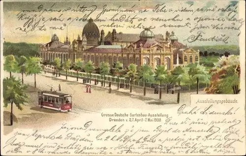 Litho Dresden, Große Deutsche Gartenbau Ausstellung 1900, Ausstellungsgebäude, Straßenbahn