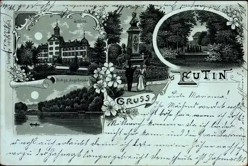 Mondschein Litho Eutin in Ostholstein, Schloss, Weberdenkmal, Angelbrücke, Parkpartie mit Tempel