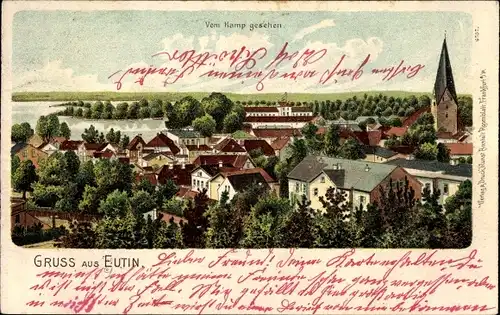 Litho Eutin in Ostholstein, Blick über die Dächer der Stadt vom Kamp, Kirche