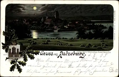 Litho Ratzeburg im Herzogtum Lauenburg, Stadtpanorama bei Nacht, Wappen
