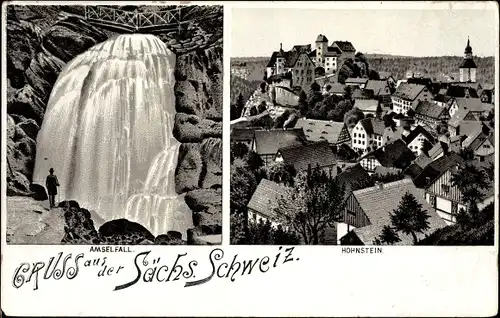 Litho Hohnstein in der Sächsischen Schweiz, Blick über die Dächer des Ortes zur Burg, Amselfall