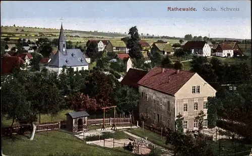 Ak Rathewalde Hohnstein in der Sächsischen Schweiz, Blick über den Ort, Kirche, Wohnhaus