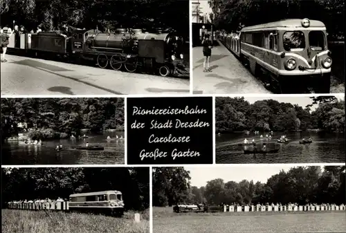 Ak Dresden Altstadt, Großer Garten, Pioniereisenbahn, Liliputbahn, Dampflok, Carolasee