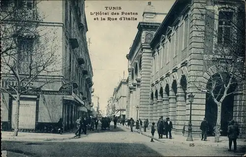 Ak Tunis Tunesien, L'Hotel des Postes et la Rue d'Italie, Postgebäude, Geschäft 