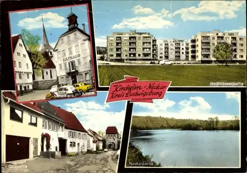 Passepartout Ak Kircheim Kreis Ludwigsburg Neckar, Rathaus mit Kirche, Hochhäuserpartie, Fluss, Ort