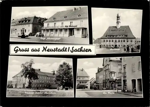 Passepartout Ak Neustadt in Sachsen, Café Wochenpost, Rathaus, Friedrich Schiller Oberschule, Markt