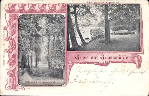 Ak Gremsmühlen Malente in Ostholstein, Blick gegen die Angelbrücke, Blick vom Forsthaus am Ukleisee