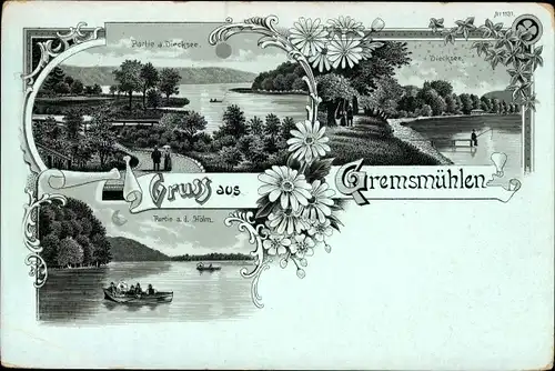 Mondschein Litho Gremsmühlen Malente in Ostholstein, Partie am Dieksee, Holm, Panorama vom Ort