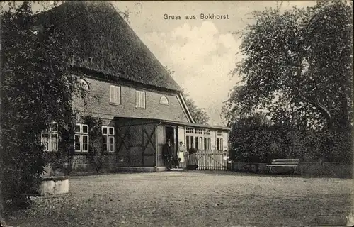 Ak Bokhorst in Schleswig Holstein, Reetdachhaus, Einwohner