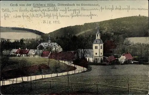 Ak Dürrröhrsdorf Dittersbach Sachsen, Schöne Höhe, Kirche, Panorama vom Ort