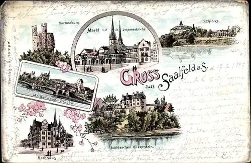 Litho Saalfeld an der Saale Thüringen, Sorbenburg, St. Johannes Kirche, Schloss, Rathaus, Brücke