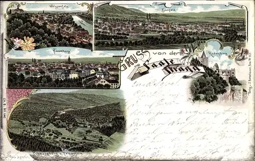 Litho Saalfeld an der Saale Thüringen, Weißenfels, Naumburg, Rudelsburg, Schwarzburg vom Trippstein