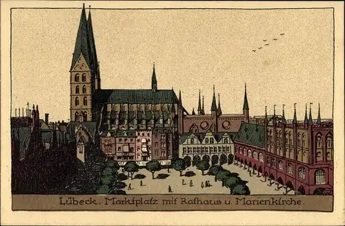 Steindruck Ak Lübeck in Schleswig Holstein, Marktplatz mit Rathaus und Marienkirche
