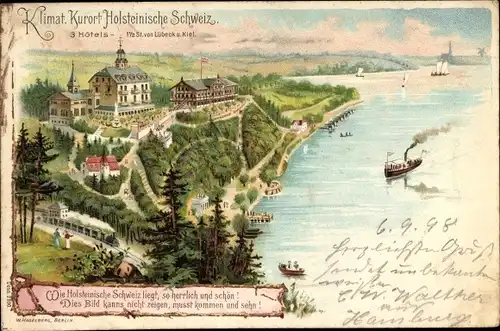 Litho Malente in Ostholstein, Holsteinische Schweiz, Hotels, Dampfer, Dampflok, Panorama vom Ort