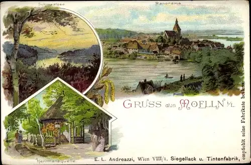 Litho Mölln in Schleswig Holstein, Schmalsee, Hermannsquelle, Panorama vom Ort