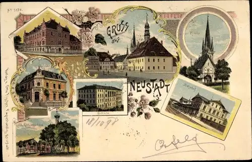 Litho Neustadt in Sachsen, Amtsgericht, Postamt, Götzinger Höhe, Schule, Kirche, Bahnhof