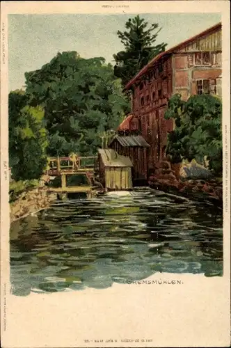 Künstler Litho Biese, C., Gremsmühlen Malente in Ostholstein, Wassermühle, Mühlteich, Brücke