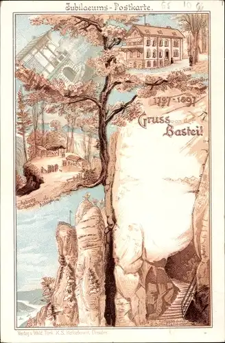 Litho Lohmen im Elbsandsteingebirge, Jubiläums Postkarte 1897, Bastei, Schwedenlöcher, Wirtschaft 