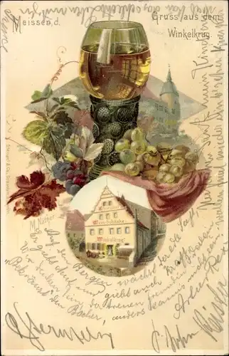 Künstler Litho Näther, M., Meißen in Sachsen, Weinschänke Winkelkrug, Weinglas, Weintrauben, Stengel