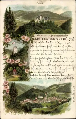Litho Leutenberg in Thüringen, Friedensburg, Kaiser Friedrich Turm, Sizzo's Höhe, Panorama vom Ort