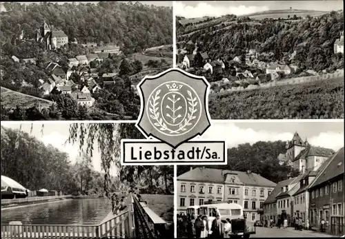 Wappen Ak Liebstadt im Erzgebirge, Totalansicht der Ortschaft, Freibad, Burg, Omnibus