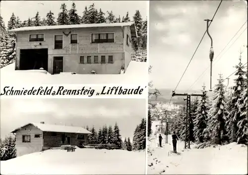 Ak Schmiedefeld am Rennsteig Thüringen, Liftbaude, Skifahrer am Schlepplift, Winteransicht