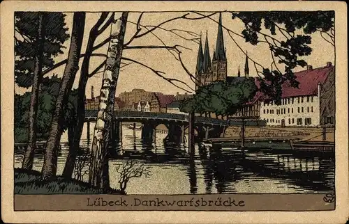 Steindruck Ak Lübeck in Schleswig Holstein, Blick auf die Dankwartsbrücke