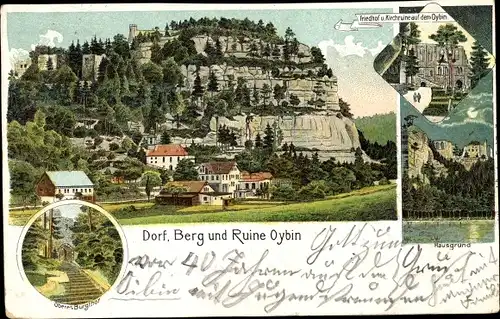 Litho Oybin in Sachsen, Friedhof, Kirchruine, Hausgrund, Oberes Burgtor