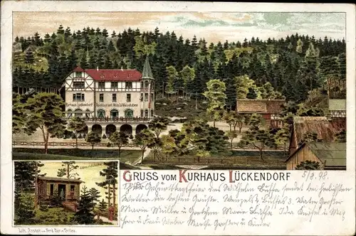 Litho Lückendorf Oybin in Sachsen, Kurhaus, Edmundshütte, Waldlandschaft