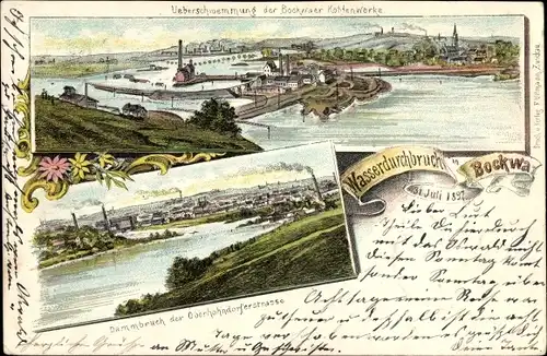 Litho Bockwa Zwickau Sachsen, Überschwemmung der Kohlenwerke 1897, Dammbruch, Oberhohndorfer Straße