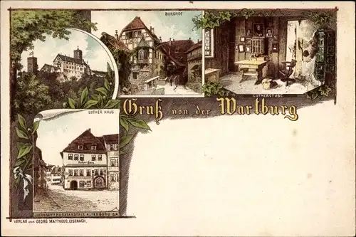 Litho Lutherstadt Eisenach in Thüringen, Wartburg, Burghof, Lutherstube, Luther Haus
