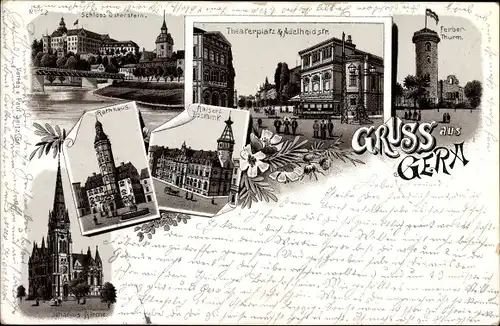 Vorläufer Litho Gera in Thüringen, Rathaus, Ferberturm, Theaterplatz, Schloss Osterstein, Postamt