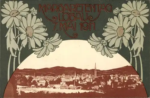 Passepartout Litho Löbau in Sachsen, Margaretentag 1911, Stadtpanorama
