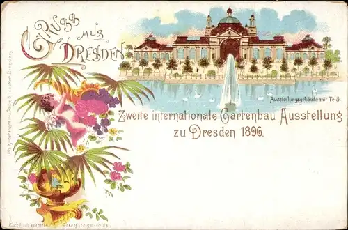 Litho Dresden, 2. Internationale Gartenbau Ausstellung 1896, Ausstellungsgebäude mit Teich