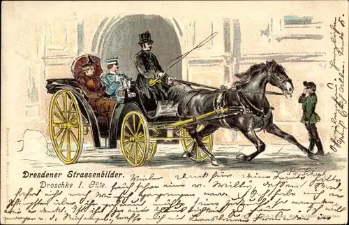 Litho Dresden, Straßenbild, Droschke, Kutscher, Pferd, Merkur 1013