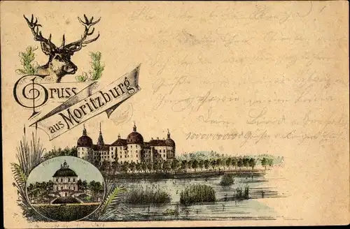 Litho Moritzburg in Sachsen, Fasanenschlösschen, Blick auf das Schloss