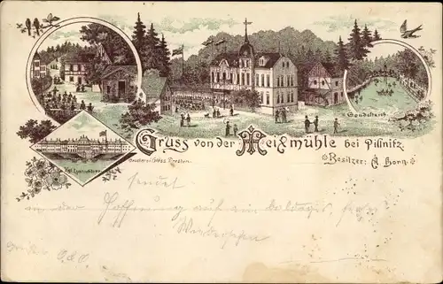 Vorläufer Litho Dresden Nordost Pillnitz, Heidmühle, Bes. A. Horn, Gondelteich, Lustschloss