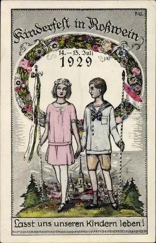 Künstler Ak Roßwein im Mittelsächsischen Bergland, Kinderfest 1929, Schulfest