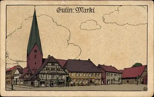 Steindruck Ak Eutin in Ostholstein, Markt mit Kirche, Geschäftshäuser