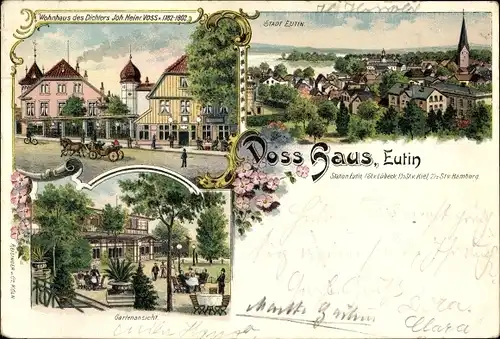 Litho Eutin in Ostholstein, Wohnhaus des Dichters Joh. Heinr. Voss, Gartenansicht, Stadtpanorama