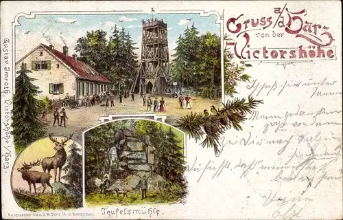 Litho Gernrode Quedlinburg im Harz, Victorshöhe, Gastwirtschaft und Aussichtsturm, Teufelsmühle