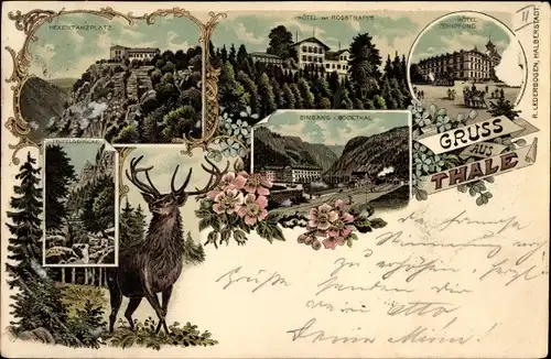 Litho Thale im Harz, Hexentanzplatz, Hotel zur Rosstrappe, Hotel Zehnpfund, Bodetal, Teufelsbrücke