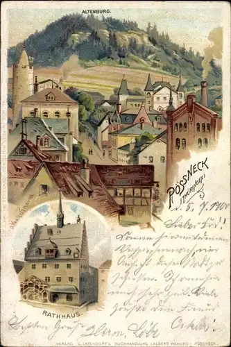 Litho Pößneck im Saale Orla Kreis Thüringen, Blick über die Dächer der Stadt zur Altenburg, Rathaus