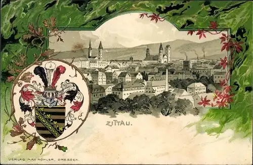Präge Wappen Passepartout Litho Zittau in der Oberlausitz, Blick über die Dächer der Stadt