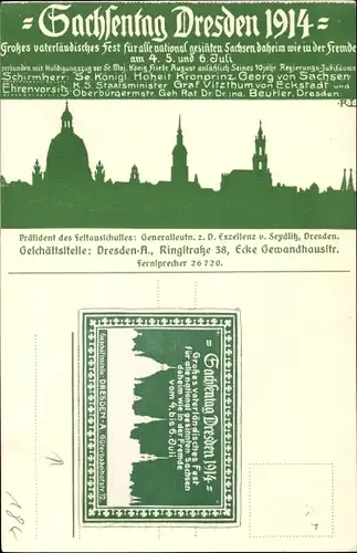 Künstler Ak Dresden, Sachsentag 1914, Stadtsilhouette, Huldigungszug König Friedrich August