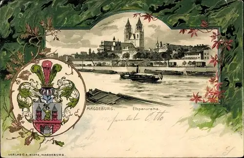 Präge Wappen Passepartout Litho Magdeburg in Sachsen Anhalt, Elbpanorama, Dom, Dampfer