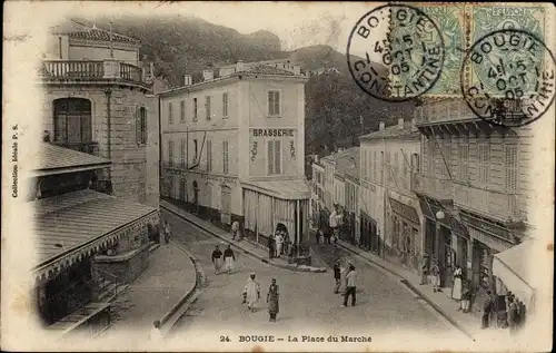 Ak Bougie Bejaia Algerien, La Place du Marché, Marktplatz, Brasserie, Geschäfte, Anwohner