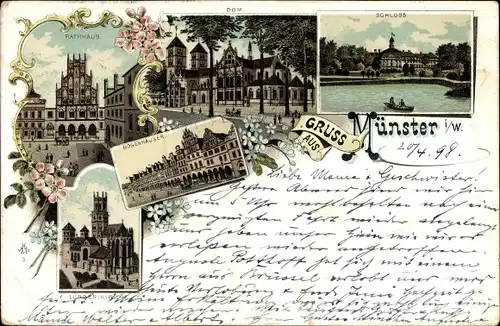 Litho Münster in Westfalen, Rathaus, Dom, Schloss, Bogenhäuser